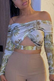 Light Green Sexy Print Hollowed Out V Neck Mid Waist Tops