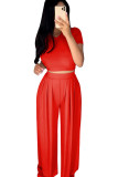 Red Casual Polyester Solid Split Joint O Neck Short Sleeve Short Two Pieces