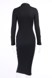 Black Sexy Solid Split Joint High Opening Half A Turtleneck Pencil Skirt Dresses