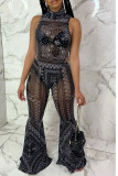 Black Network Sexy Print Mesh perspective HOLLOWED OUT Boot Cut Sleeveless Two Pieces