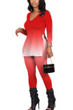 Red Fashion Casual Adult Polyester Gradual Change Slit U Neck Long Sleeve Regular Sleeve Regular Two Pieces