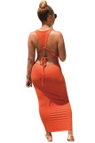 Orange Polyester Fashion Sexy adult Black Orange Off The Shoulder Sleeveless Square Step Skirt Ankle-Length Patchwork bandage Solid backless Dresses