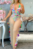 Apricot Fashion Sexy Print Patchwork See-through Backless Swimwears