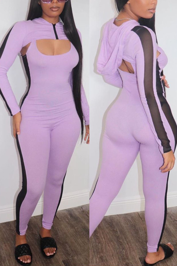 Light Purple Fashion Sexy Long Sleeve Hooded Collar Regular Sleeve Short Patchwork Two Pieces