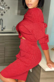 Red Sexy Solid Fold Long Sleeve Two Pieces