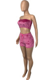 Pink Sexy Pleuche Patchwork Solid Split Joint Vests Strapless Sleeveless Short Two Pieces