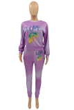 Purple Casual Print Letter O Neck Long Sleeve Two Pieces