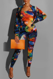 Blue Fashion Casual Print Basic Long Sleeve Two Pieces