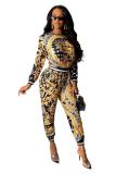 multicolor Polyester adult Casual Fashion Print Patchwork Two Piece Suits pencil Long Sleeve Two-piece Pants S