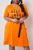 Orange Polyester Fashion adult Ma'am Street O Neck Print Plus Size