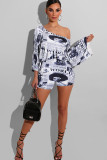 Black Polyester Celebrities Fashion adult Two Piece Suits Patchwork Letter Print pencil Half Sleeve