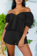 Black Casual Solid Backless Off the Shoulder Short Sleeve Two Pieces