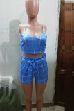 Blue Polyester Fashion Ma'am adult Sexy Two Piece Suits Patchwork Plaid Straight Sleeveless Two-Piece Sh