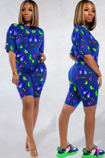 Blue knit Fashion Sexy adult Ma'am Patchwork Print Two Piece Suits Straight Short Sleeve Two Pieces