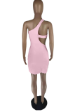 Pink Sexy Solid Ripped One Shoulder Pencil Skirt Dresses