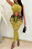Red Sexy Print Bandage O Neck Sleeveless Two Pieces