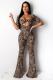 Brown Polyester Sexy Fashion adult Leopard Two Piece Suits HOLLOWED OUT Print asymmetrical Loose Half Slee