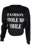 Black Polyester O Neck Long Sleeve Print Patchwork Long Sleeve Tops