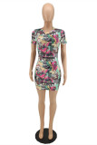 Multicolor Fashion Casual Print Basic O Neck Short Sleeve Dress