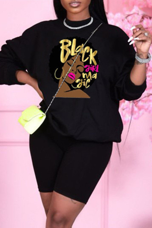 Black Fashion Casual Print Basic O Neck Long Sleeve Two Pieces