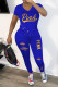 Blue Fashion Casual Letter Print Ripped V Neck Short Sleeve Two Pieces