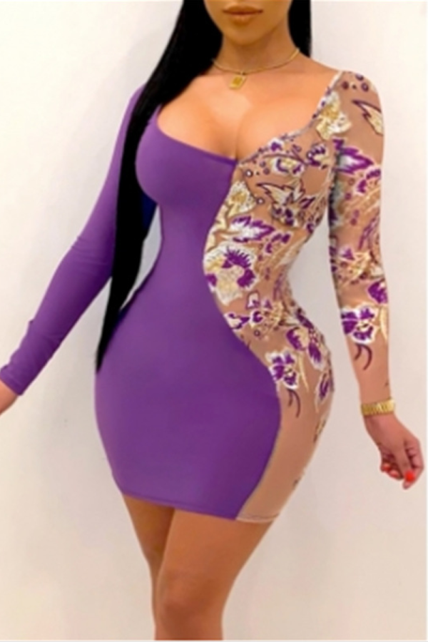 Purple Sexy Print Patchwork O Neck Wrapped Skirt Dresses