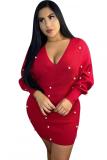 Red Fashion adult Casual Cap Sleeve Long Sleeves V Neck Step Skirt Mini Patchwork Solid Beadin