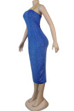 Blue Cotton Fashion Sexy adult Ma'am Spaghetti Strap Sleeveless Slip Step Skirt Mid-Calf diamonds Dresses