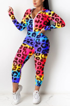 Leopard print Polyester Active Print pencil Long Sleeve Two Pieces