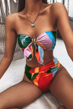 Red Sexy Print Embroidered Split Joint Swimwears