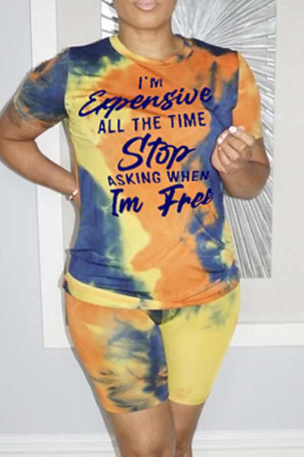 Blue Casual Patchwork Tie-dye O Neck Short Sleeve Two Pieces