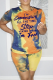Blue Casual Patchwork Tie-dye O Neck Short Sleeve Two Pieces