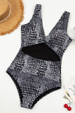 Black Sexy Animal Print Hollowed Out Patchwork Swimwears