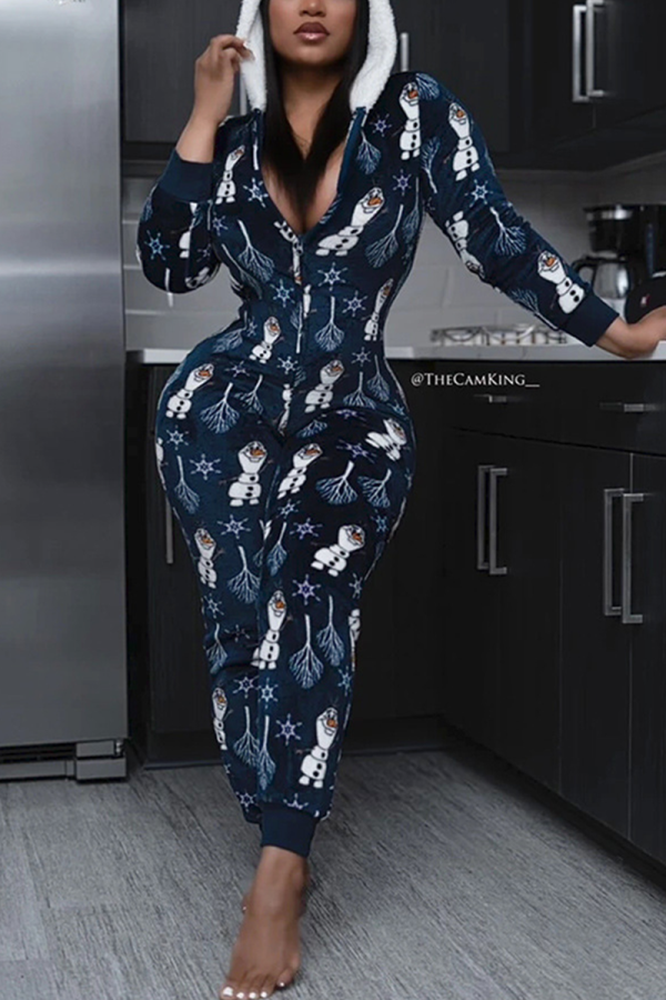 Tibetan Blue Casual Print Patchwork Hooded Collar Skinny Jumpsuits