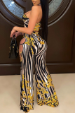 Yellow Sexy Print Hollowed Out Sleeveless Two Pieces