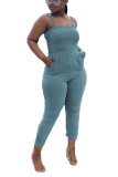 Blue Sexy Solid Chlorine Sleeveless Slip Jumpsuits