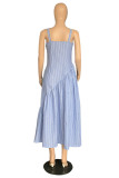 Blue Sexy Casual Striped Print Backless V Neck Sling Dress