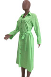 Green Casual Shirt sleeves Long Sleeves Notched Step Skirt Mid-Calf Patchwork Solid