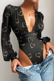 Red Sexy Print Patchwork V Neck Skinny Bodysuits