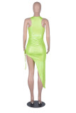 Fluorescent Green Sexy Solid Patchwork O Neck Irregular Dress Dresses