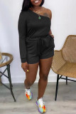 Black Casual Solid Backless Oblique Collar Regular Romper