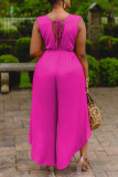 Pink Fashion Casual Solid Backless V Neck Regular Jumpsuits
