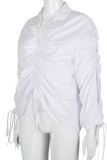 White Fashion Casual Solid Patchwork Frenulum Fold Turndown Collar Mid Waist Tops