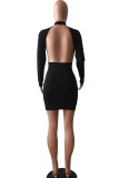 Black Sexy Cap Sleeve Long Sleeves O neck Step Skirt skirt Solid backless hollow out asymmetrica