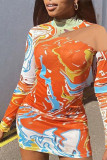 Red Sexy Print O Neck Pencil Skirt Dresses