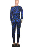 Royal Blue Print Leopard With Belt Oblique Collar Regular Jumpsuits