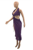 Blue Fashion Sexy Solid Hollowed Out Backless Slit Halter Sleeveless Dress