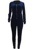 Dark Blue Polyester Casual Beading Solid Two Piece Suits Patchwork pencil Long Sleeve