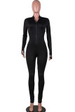 Black Fashion Casual Solid zipper Milk. Long Sleeve O Neck Jumpsuits