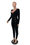 Black Sexy Solid Patchwork V Neck Skinny Jumpsuits